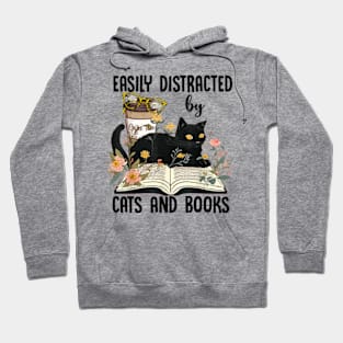 Easily Distracted By Cats And Books Reading 2023 Flower Cat Book Lover Hoodie